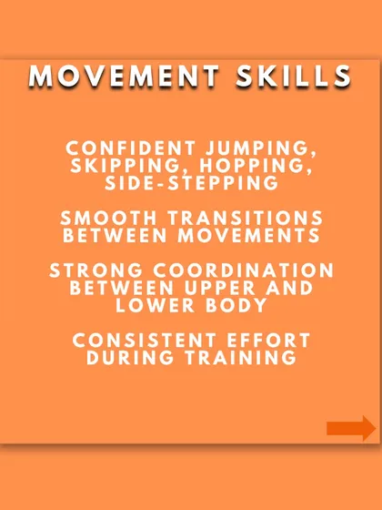 Movement skills for this age group include confident jumping and skipping, smooth transitions, and strong coordination between the upper and lower body.