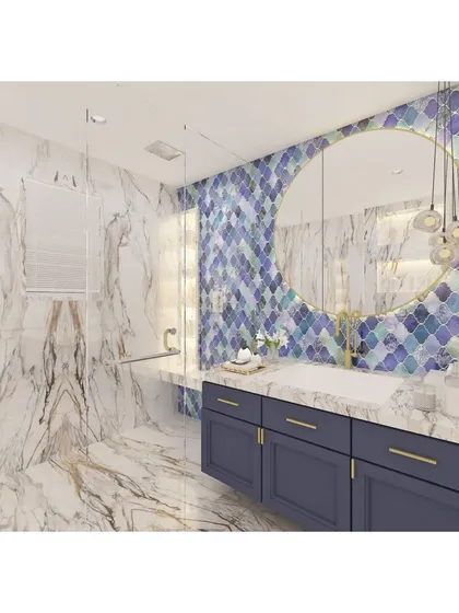 The final 3D render of the master toilet, bringing the mood board to life. This visualization provides a photorealistic preview of how the chosen materials, fixtures, and lighting will come together.