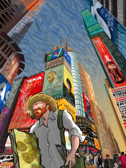 Vincent, the rural artist, appears lost and overwhelmed in the heart of a modern metropolis like Times Square. Surrounded by towering digital billboards, he clutches his simple canvas, a stark contrast between timeless art and the relentless noise of commercialism.