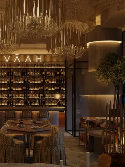 This view highlights the rich material palette of Zuvaah, with its mix of wood, stone, and woven textures. The design creates a space that feels timeless, grounded, and alive.