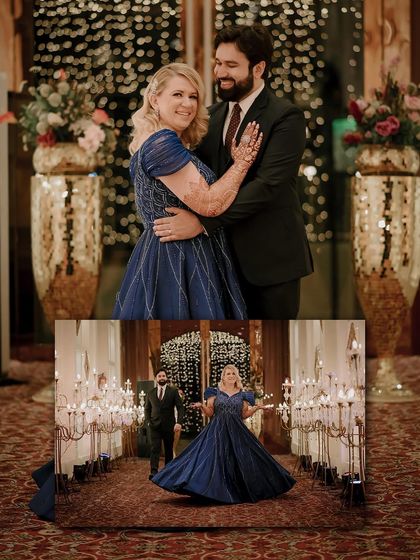 A collage showcasing the couple's first dance and the grandeur of their engagement venue.
