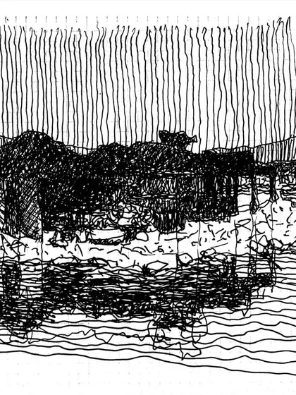 This sketch by Peter Rich reflects on the experience of the Wageshwar Temple, which is submerged and revealed by the seasons. The restoration was a process of reverence, a dialogue with a structure that is in constant conversation with the water around it.