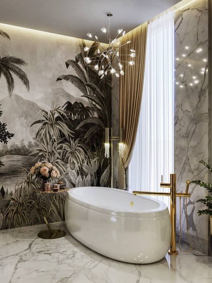 A full tour of a luxurious master bathroom, featuring a freestanding tub, a walk-in shower with a green wall, and a vanity area. The renders highlight the tropical-themed wallpaper and the elegant mix of marble, wood, and gold.