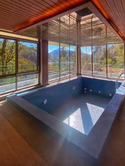 Another angle of the indoor pool, capturing the sunlight and the reflection of the surrounding nature on the water's surface. This is a perfect example of a luxury wellness feature in a residential design.