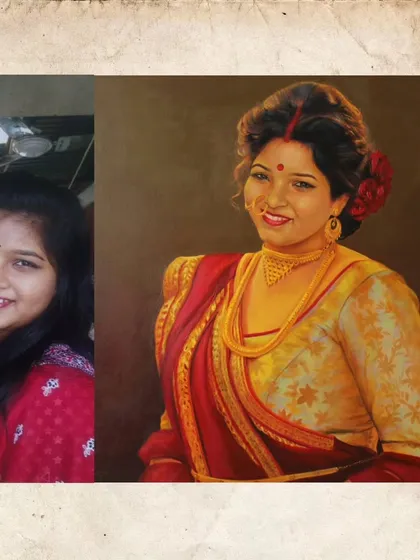 This piece demonstrates the transformation from a client's photograph to a finished acrylic painting. My process involves reinterpreting the source image, enhancing the lighting, and composing the subject in a way that creates a formal, timeless painted portrait.