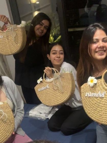 Another shot of the bride tribe with their custom wicker bag hampers. I love seeing everyone together with the gifts I helped create.