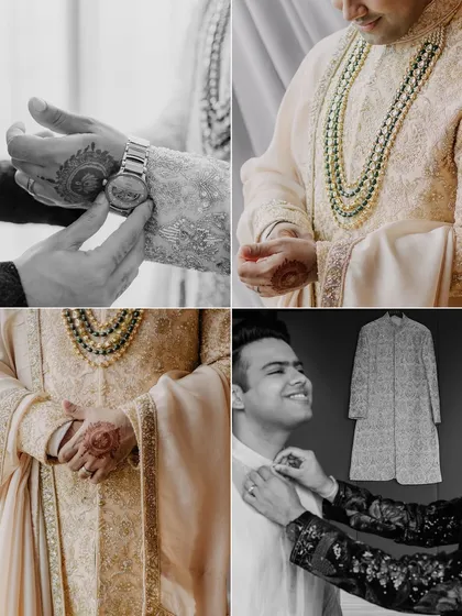 A collage of the groom's details, from his watch to his necklace, and the final moments of getting ready with his friends.