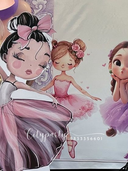 A close-up of the custom-printed character standees used in the ballerina birthday theme.