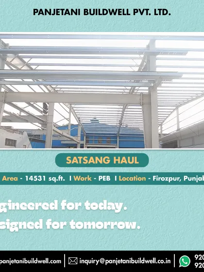 Engineered for today and designed for tomorrow. This photo shows the roof purlins being installed on the main steel frame of the Satsang Haul, a critical step in creating a durable and weatherproof structure.