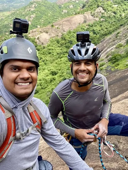 Two friends, geared up with GoPros, ready to capture their climbing adventure. We love seeing our community members document and share their experiences.