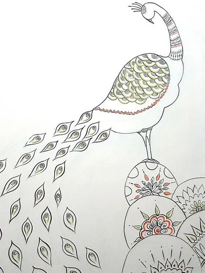 The peacock, our national bird, was a must have for this traditional Indian-themed staircase. Its long, patterned tail flows beautifully down the wall.
