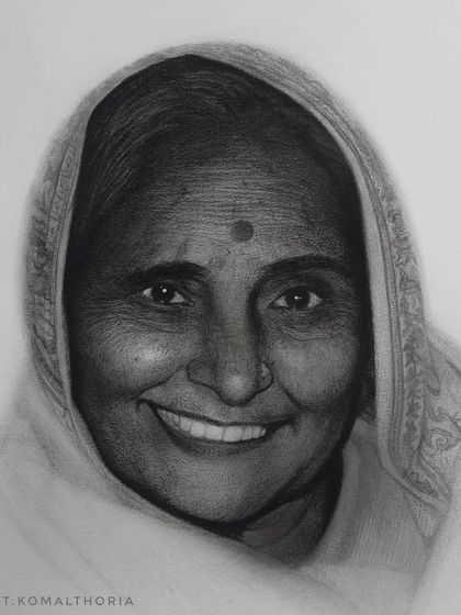 This portrait of my Chandu Faiba is more than just an artwork; it's a memory of her calming presence. I tried to capture her peaceful smile, a tribute to a grand soul.