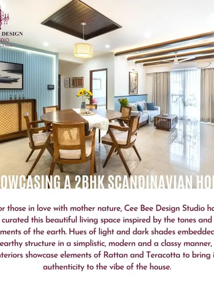 A promotional image summarizing the Scandinavian-style 2BHK project, highlighting the use of rattan and terracotta.