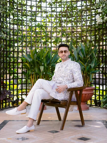 A dapper portrait of the groom, Amit, looking relaxed and stylish before his vibrant Haldi ceremony in Lonavala.
