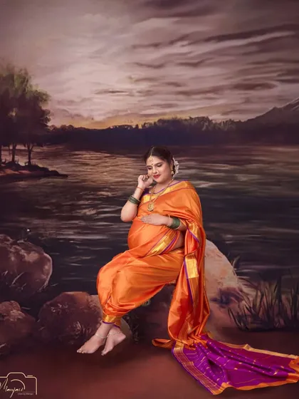 A stunning portrait against a painted landscape backdrop, giving the image a classic, artistic, and timeless feel.