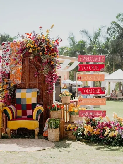 I love creating spaces that are bursting with life and personality. This vibrant photo-op for a Rajasthani Folklore themed Mehendi was all about color, texture, and fun, giving guests a perfect spot to make memories.