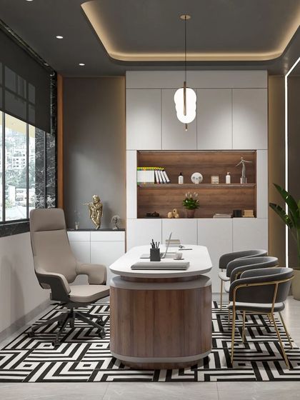 A modern boss cabin that combines a geometric-patterned rug with sleek furniture and a view of the city. The design is both stylish and functional.