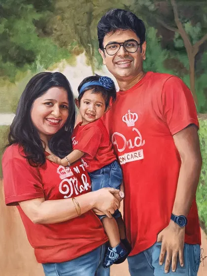 A joyful family is a beautiful subject to paint. I loved working on this custom family portrait, ensuring each person's smile and personality shone through. Creating a cohesive and happy scene with matching outfits makes for a truly special piece of wall art.