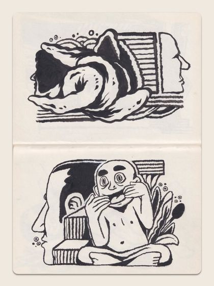 More conceptual explorations from my sketchbook, playing with themes of identity and consciousness through surreal imagery.