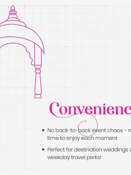 The convenience of weekday weddings. They allow for a more relaxed schedule with no back-to-back event chaos, giving you more time to enjoy each moment.