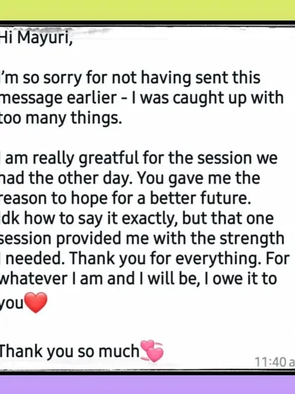 A short but powerful message. This client shares that our one session gave them the strength and reason to hope for a better future.