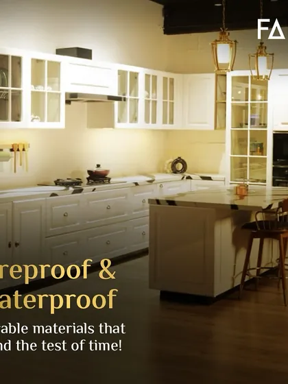 A classic white kitchen never goes out of style. This design features timeless shaker-style cabinets with glass-fronted uppers, creating a bright and airy feel. The materials used are fireproof and waterproof, ensuring this elegant space is also incredibly durable and safe for your family.
