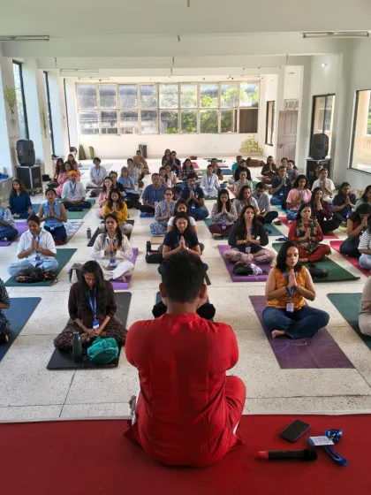 Here I am guiding our tribe in a meditation session during our Pravāh retreat in Rishikesh. These moments of collective stillness are central to our practice, helping to quiet the mind and connect with the self.