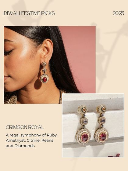 The Crimson Royal earrings featured as a top Diwali festive pick, celebrated for their regal symphony of precious gemstones.