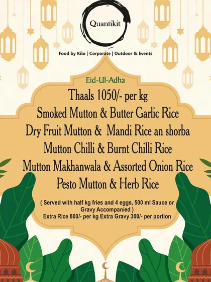 My special Thaals menu for Eid-Ul-Adha. This menu offers unique combinations like Smoked Mutton with Butter Garlic Rice and Pesto Mutton with Herb Rice, providing a complete meal solution.