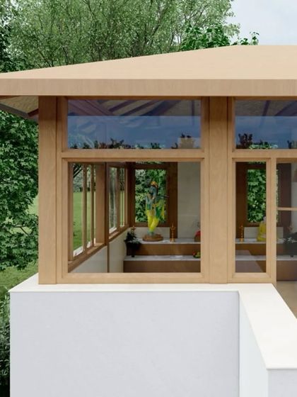 The digital rendering of the temple structure, showcasing the planned wooden frame, glass walls, and roof design before construction began.