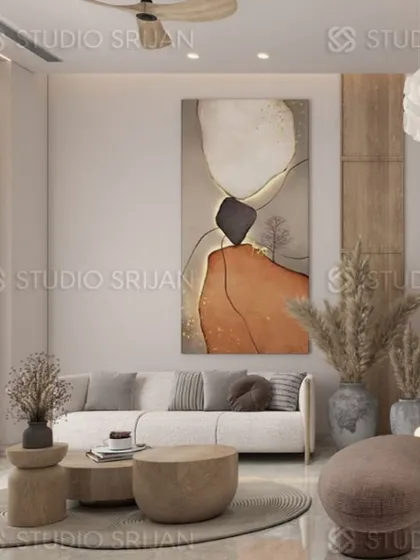 A minimalist living room setup with a simple, comfortable sofa, wooden coffee tables, and a large, statement art piece that anchors the space.