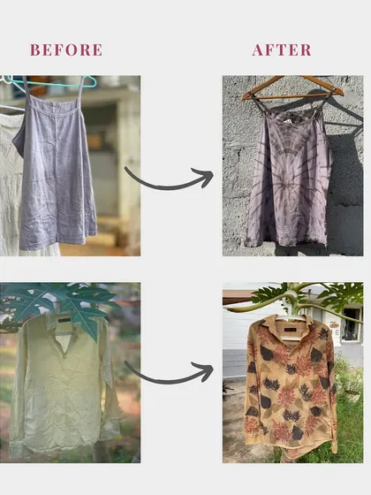 The magic of upcycling, side-by-side. I love taking garments that are stained or faded and transforming them with natural dyes and techniques like tie-dye and eco-printing, giving them a whole new story to tell.