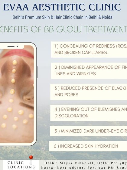 Discover the benefits of our BB Glow treatment, which includes concealing redness, diminishing fine lines, reducing blackheads, and evening out skin tone.