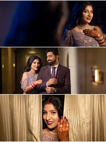 A series of stylish portraits of a couple during their reception, showcasing their elegant evening wear.