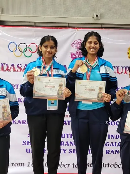 Our team of 25m and 50m medalists, including myself, at the Dasara Games CM Cup.