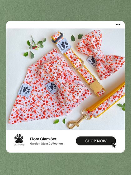 The Flora Glam set, featuring a beautiful red and yellow floral print. This collection includes a collar, leash, bandana, and bow for a complete, coordinated look.