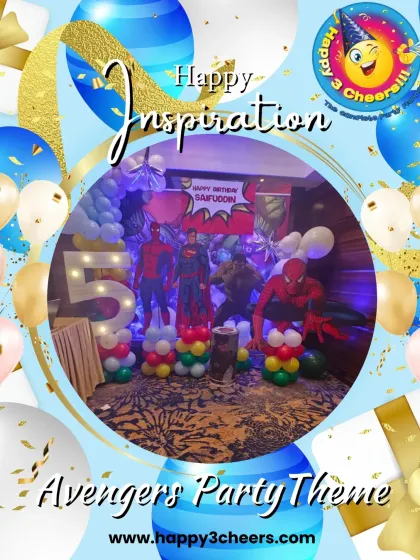 This graphic showcases the Avengers party theme, highlighting the key elements like the character cutouts, the large marquee number "5", and the balloon decor, all of which I can provide to create a super celebration.