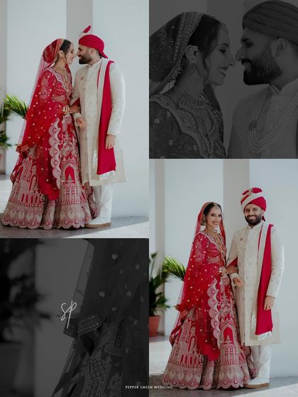 A collage of the couple's portraits, blending color and monochrome to create a timeless and romantic wedding story.