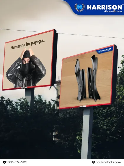 Jab chor bhi kehde, "Humse na ho payega," you know there is a Harrison lock on the door. This meme-style billboard shows that our security is so strong, even thieves give up.