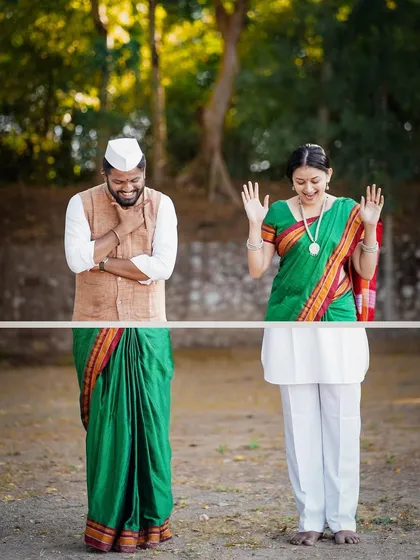 A conceptual pre-wedding shoot based on the 'Ardhanarishvara' theme, representing the union of masculine and feminine energies. The couple's playful reaction to the dividing line adds a touch of fun to this creative idea.