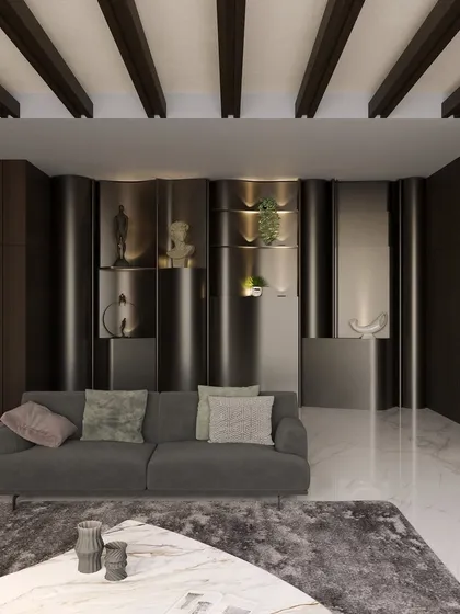 A different perspective of the same room, showing the curved wall with integrated shelving. This feature adds architectural interest and provides a unique display space for decorative objects.