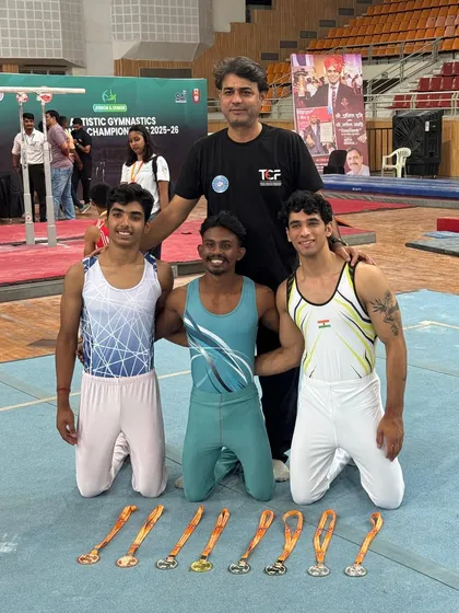 The results of relentless training. Our national champions displaying the impressive haul of medals won at the Artistic Gymnastics National Championships, a testament to their hard work.