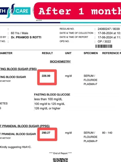 This is a lab report from a 60-year-old patient who came to me with severe diabetic symptoms. After just one month of a personalized Ayurvedic plan, his fasting and post-meal blood sugar levels showed significant improvement, demonstrating how we can manage chronic metabolic disorders effectively.