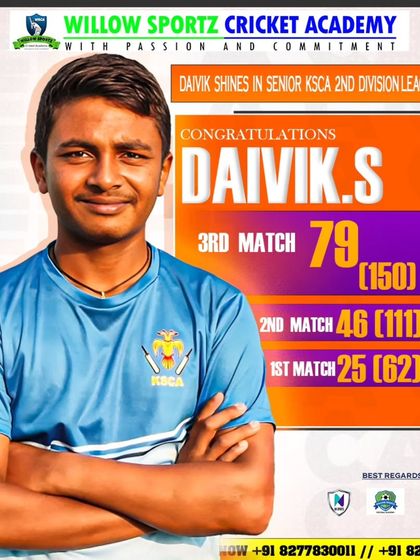 Daivik S shines again in the KSCA 2nd Division League with a series of impressive scores. His consistent run-scoring ability is a product of our rigorous match simulation training.