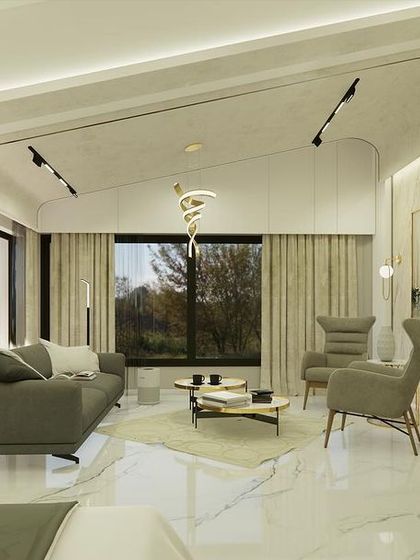 A view of the bedroom's lounge area, with a unique curved ceiling detail and modern track lighting.