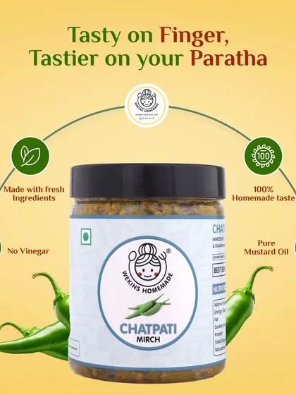 Tasty on your finger, and even tastier on your paratha. Our Chatpati Mirch is made with fresh ingredients, pure mustard oil, and no vinegar for a 100% homemade taste.