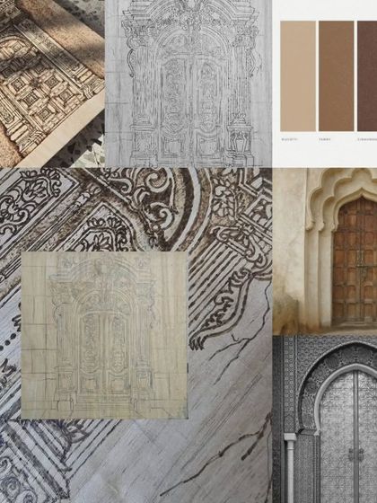 A look at my mood board for the "Doorways to Dreams" series. I draw inspiration from historical architecture, color palettes, and intricate patterns to create these pieces.