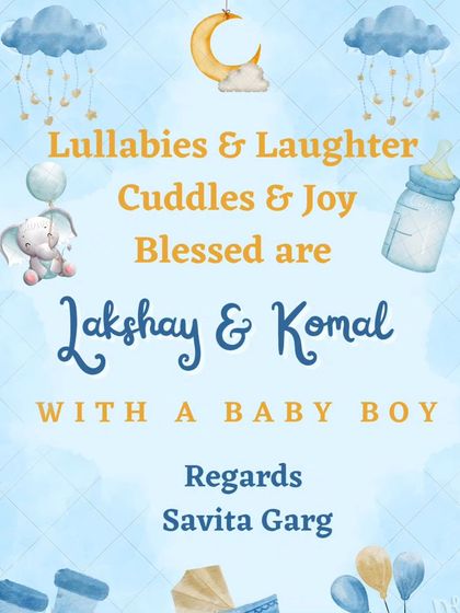 A beautiful announcement card celebrating the arrival of a baby boy for Lakshay and Komal.