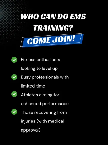 Who can do EMS? This graphic shows its suitability for fitness enthusiasts, busy professionals, athletes, and those in recovery.