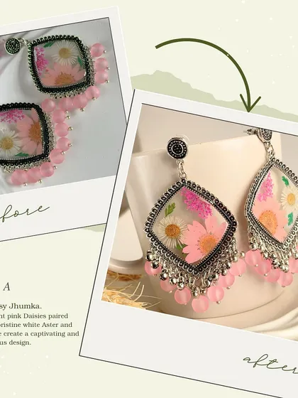 The Diya jhumka, made with pink daisies and white aster, has a new look. I have transformed the design into a more intricate, diamond shaped earring with delicate silver ghungroos for a bolder statement.